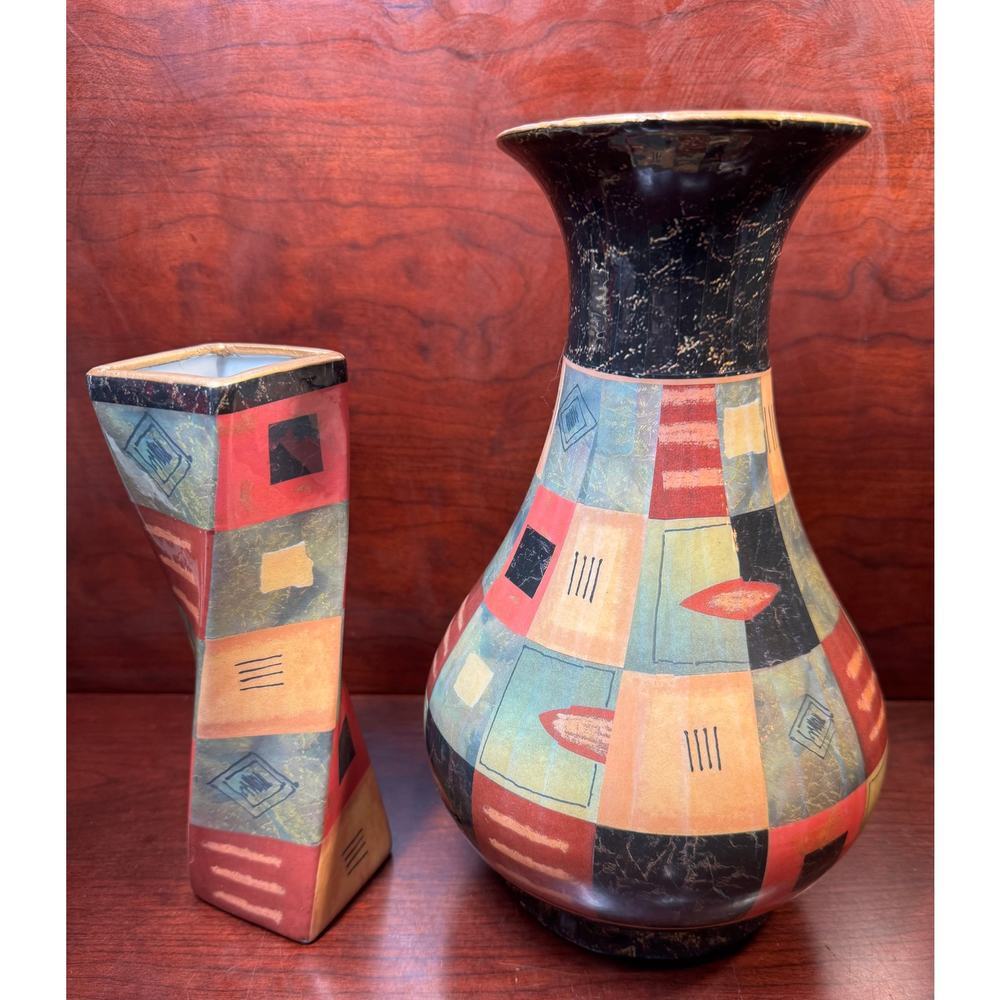 Set of 2 Vtg Lavie 1970s Ceramic Multicolored Tall Twisted & Bell-Shaped Vase